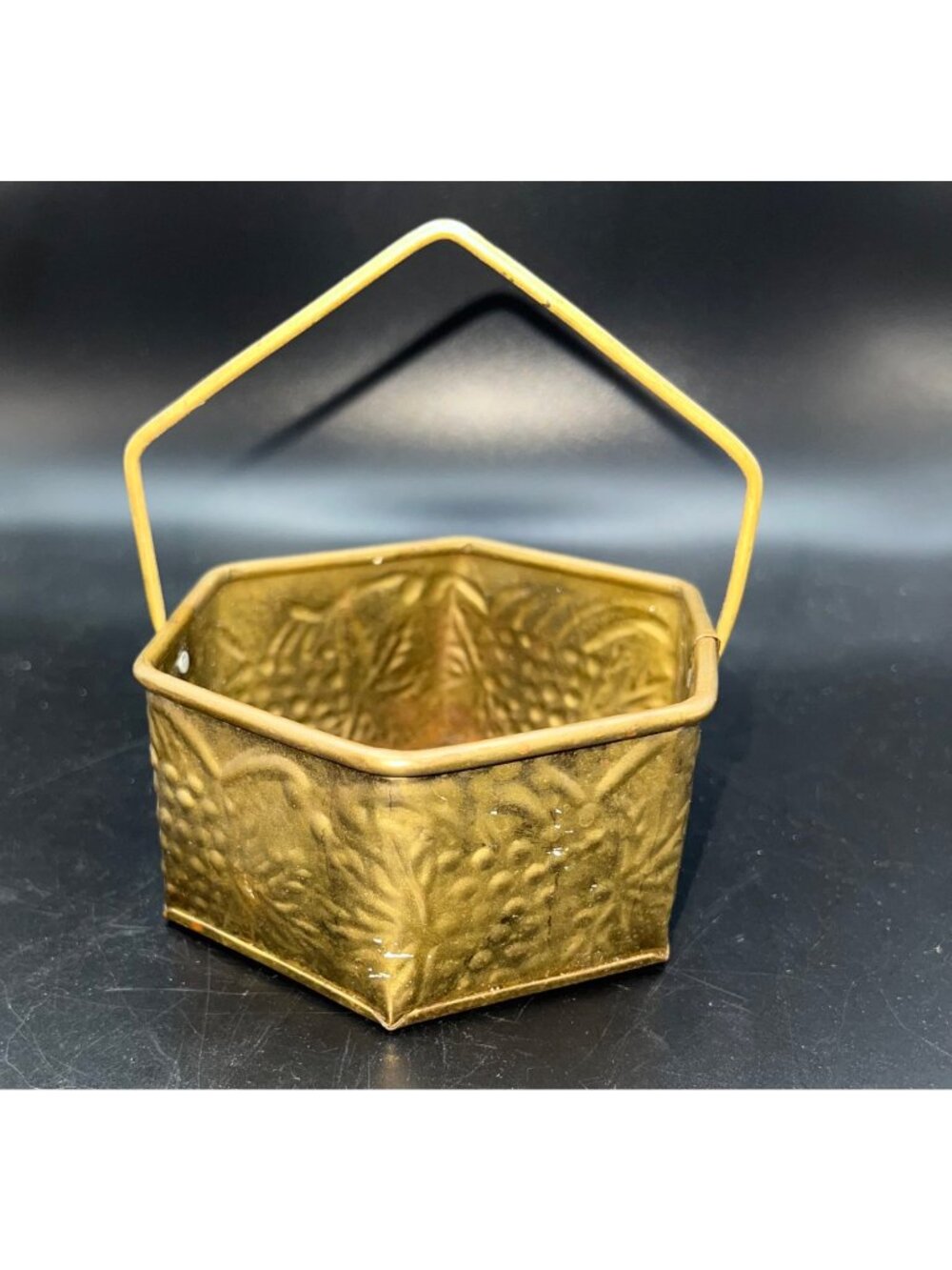 Hexagonal Embossed Brass Basket Handle Decorative Grape & Leaf Pattern Vintage